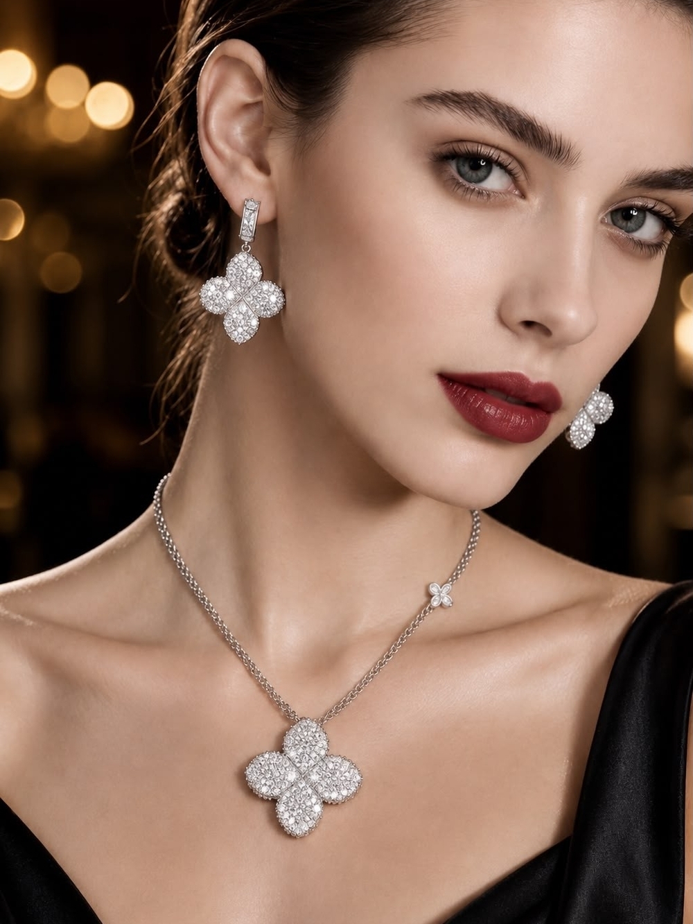 Silver Pavé Clover Necklace and Earring Set